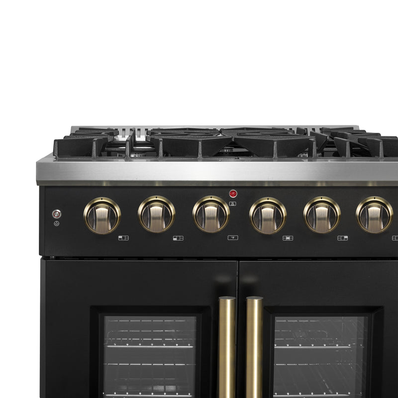 Forno Galiano 30" Freestanding French Door Gas Range in Black, 5 Burners, Convection Oven, with Antique Brass Handles, FFSGS6444-30BLK