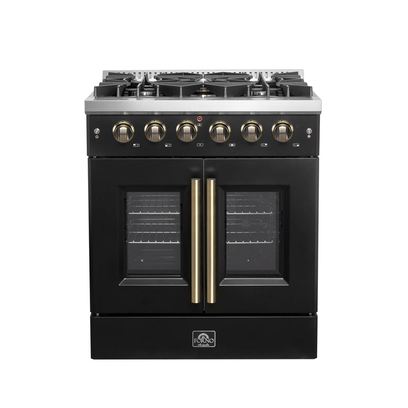 Forno Galiano 30" Freestanding French Door Gas Range in Black, 5 Burners, Convection Oven, with Antique Brass Handles, FFSGS6444-30BLK