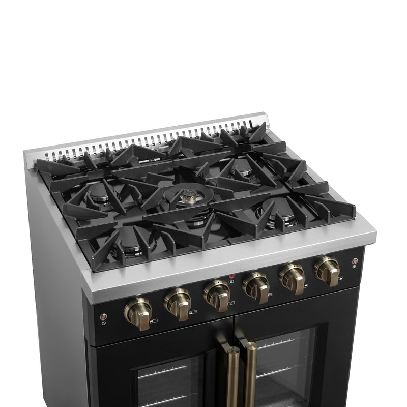 Forno Galiano 30" Freestanding French Door Gas Range in Black, 5 Burners, Convection Oven, with Antique Brass Handles, FFSGS6444-30BLK