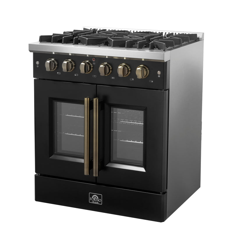 Forno Galiano 30" Freestanding French Door Gas Range in Black, 5 Burners, Convection Oven, with Antique Brass Handles, FFSGS6444-30BLK