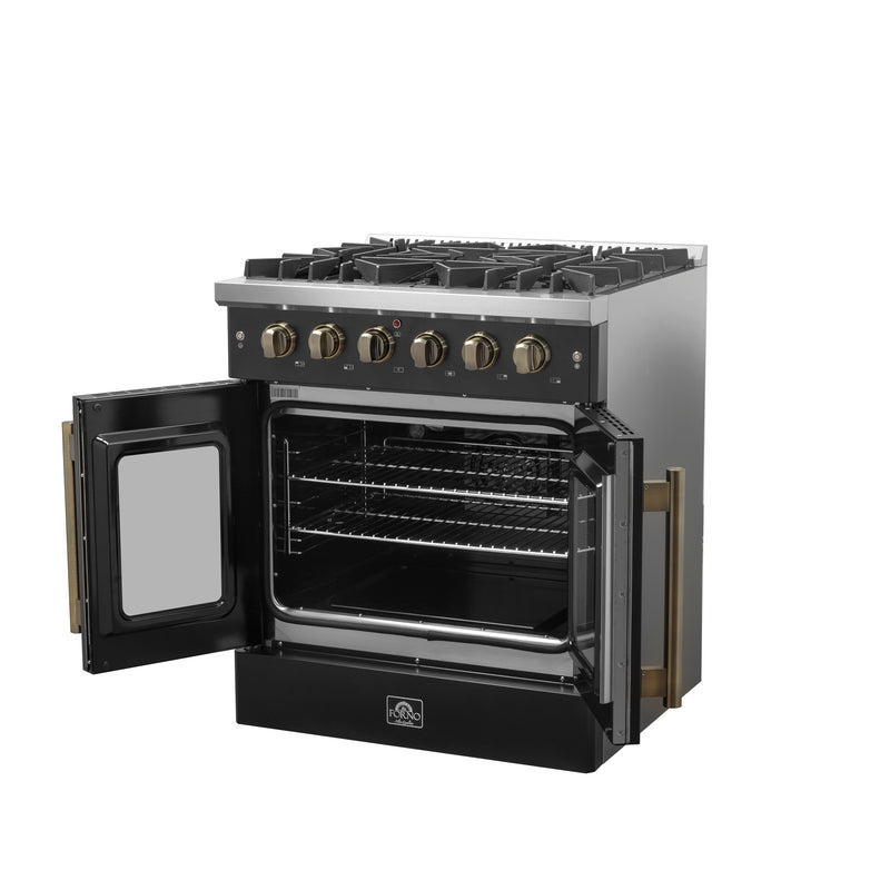 Forno Galiano 30" Freestanding French Door Gas Range in Black, 5 Burners, Convection Oven, with Antique Brass Handles, FFSGS6444-30BLK