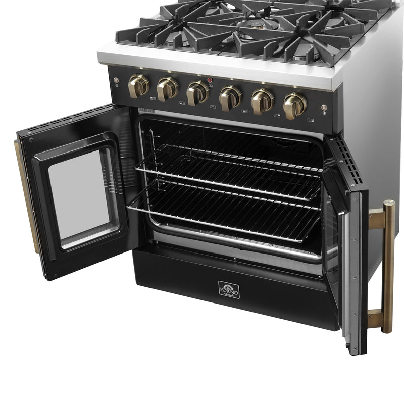 Forno Galiano 30" Freestanding French Door Gas Range in Black, 5 Burners, Convection Oven, with Antique Brass Handles, FFSGS6444-30BLK
