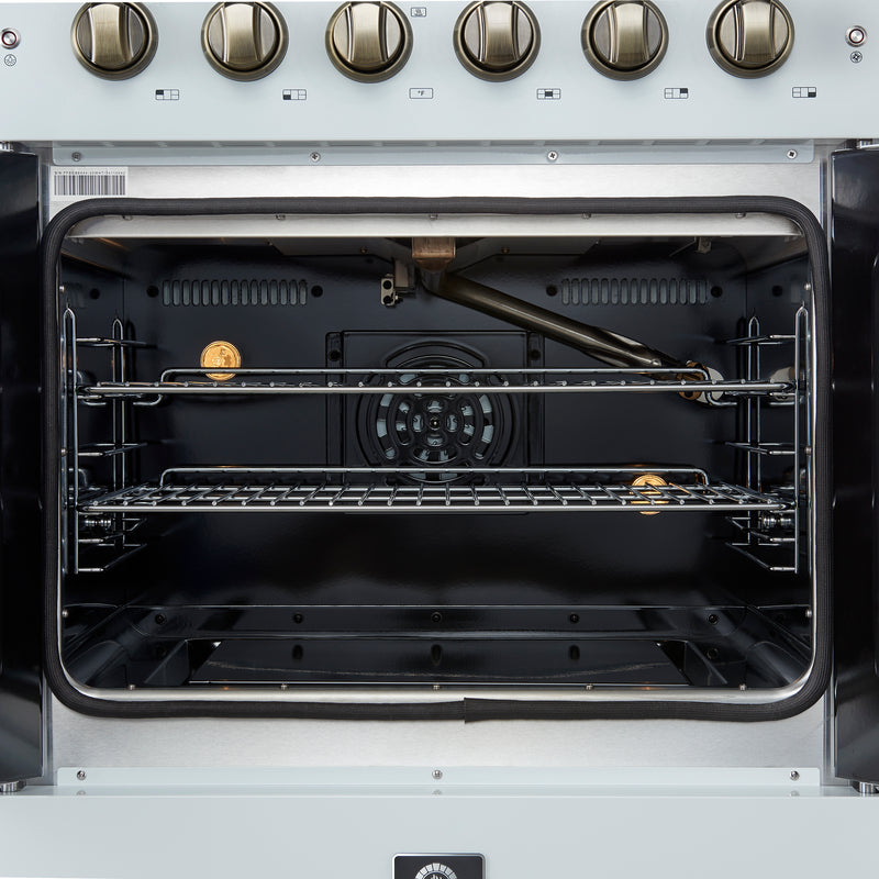 Forno Galiano 30" Freestanding French Door Gas Range in White, 5 Burners, Convection Oven, with Antique Brass Handles, FFSGS6444-30WHT