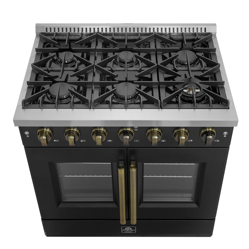 Forno Galiano 36" Freestanding French Door Gas Range in Black, 6 Sealed Burners, with Antique Brass Handles, FFSGS6444-36BLK