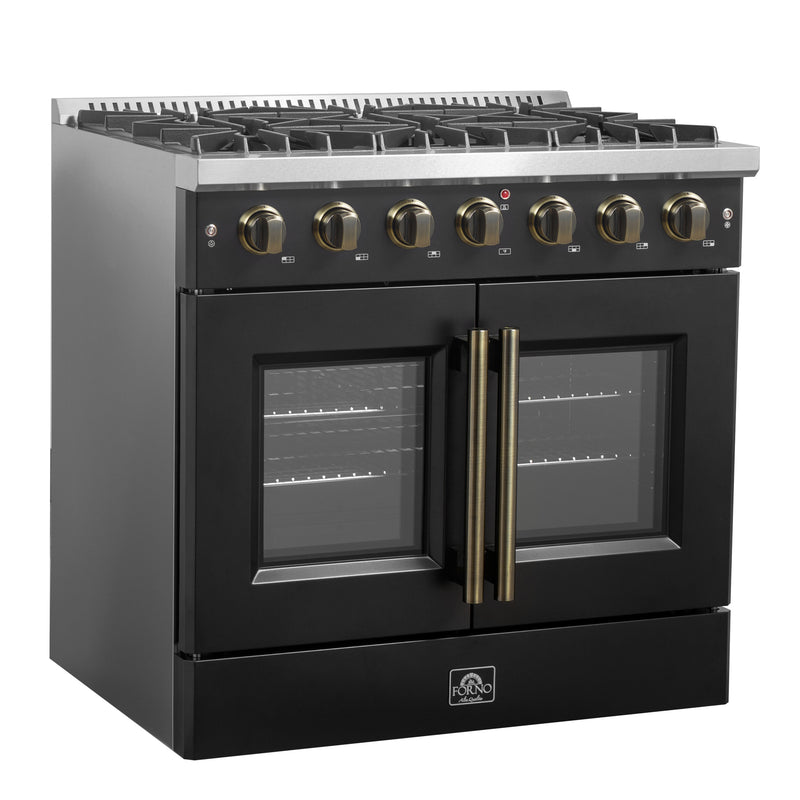Forno Galiano 36" Freestanding French Door Gas Range in Black, 6 Sealed Burners, with Antique Brass Handles, FFSGS6444-36BLK