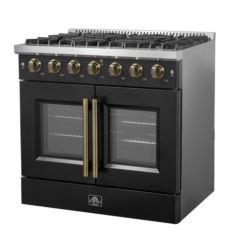 Forno Galiano 36" Freestanding French Door Gas Range in Black, 6 Sealed Burners, with Antique Brass Handles, FFSGS6444-36BLK