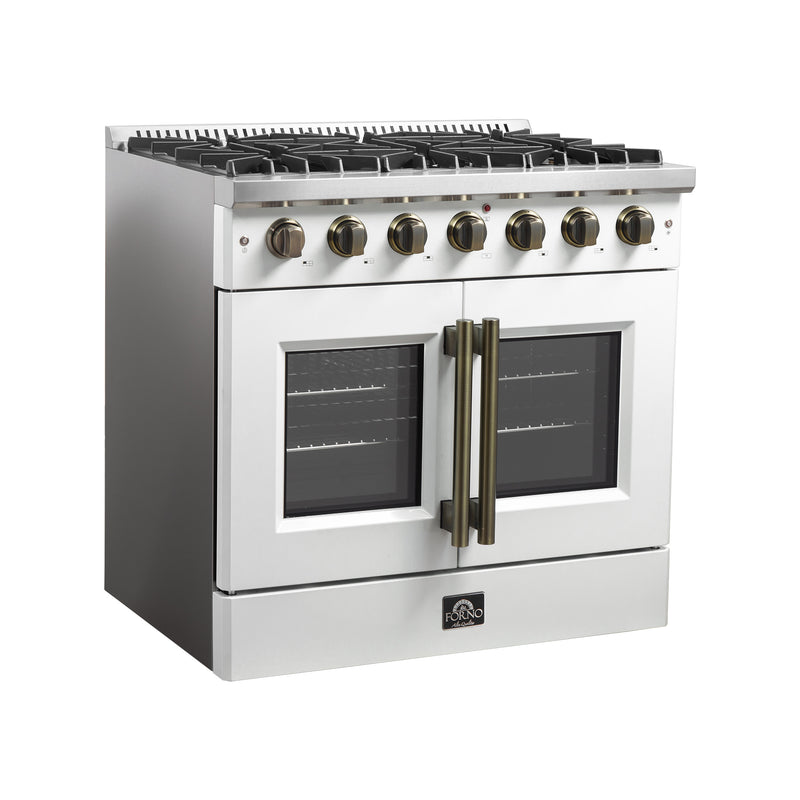 Forno Galiano 36" Freestanding French Door Gas Range in White, 6 Sealed Burners, True Convection, with Antique Brass Handles, FFSGS6444-36WHT