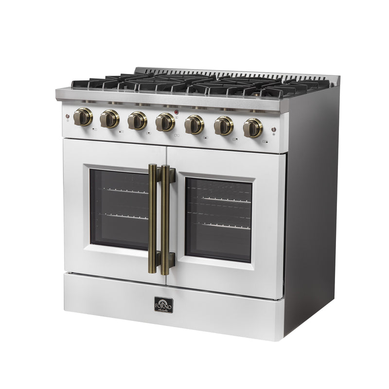 Forno Galiano 36" Freestanding French Door Gas Range in White, 6 Sealed Burners, True Convection, with Antique Brass Handles, FFSGS6444-36WHT