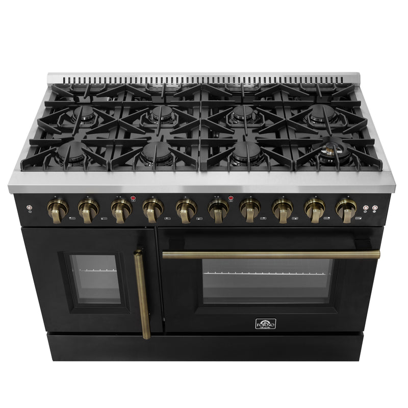 Forno Galiano 48" Freestanding French Door Gas Range in Black, 8 Burners, Double Oven, with Antique Brass Handles, FFSGS6444-48BLK