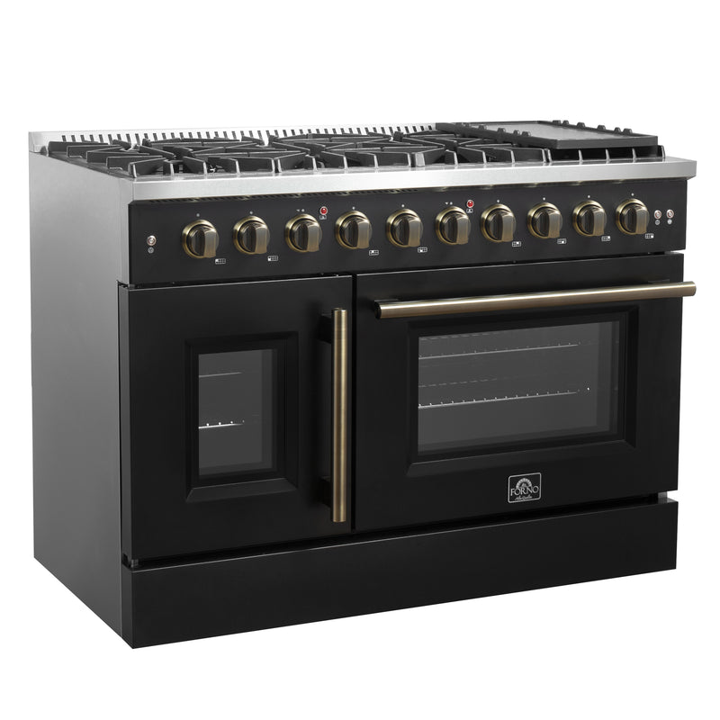 Forno Galiano 48" Freestanding French Door Gas Range in Black, 8 Burners, Double Oven, with Antique Brass Handles, FFSGS6444-48BLK