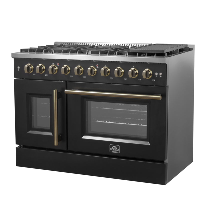 Forno Galiano 48" Freestanding French Door Gas Range in Black, 8 Burners, Double Oven, with Antique Brass Handles, FFSGS6444-48BLK