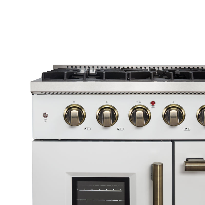Forno Galiano 48" Freestanding French Door Gas Range in White, 8 Burners, Double Oven, with Antique Brass Handles, FFSGS6444-48WHT