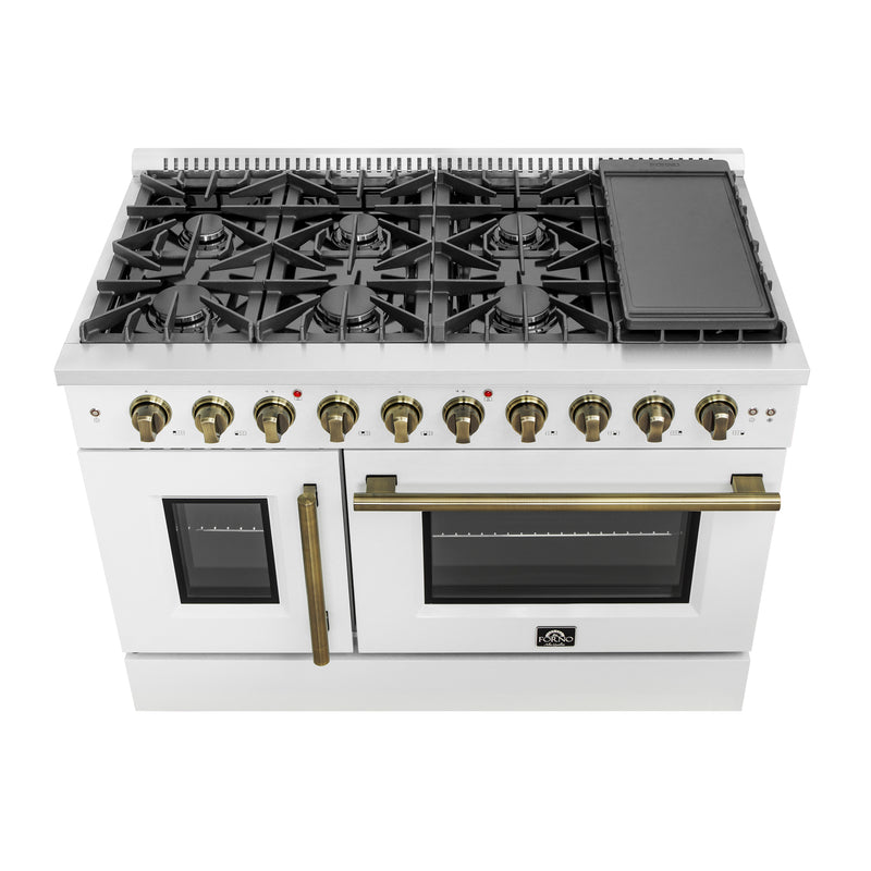 Forno Galiano 48" Freestanding French Door Gas Range in White, 8 Burners, Double Oven, with Antique Brass Handles, FFSGS6444-48WHT