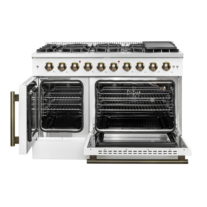 Forno Galiano 48" Freestanding French Door Gas Range in White, 8 Burners, Double Oven, with Antique Brass Handles, FFSGS6444-48WHT