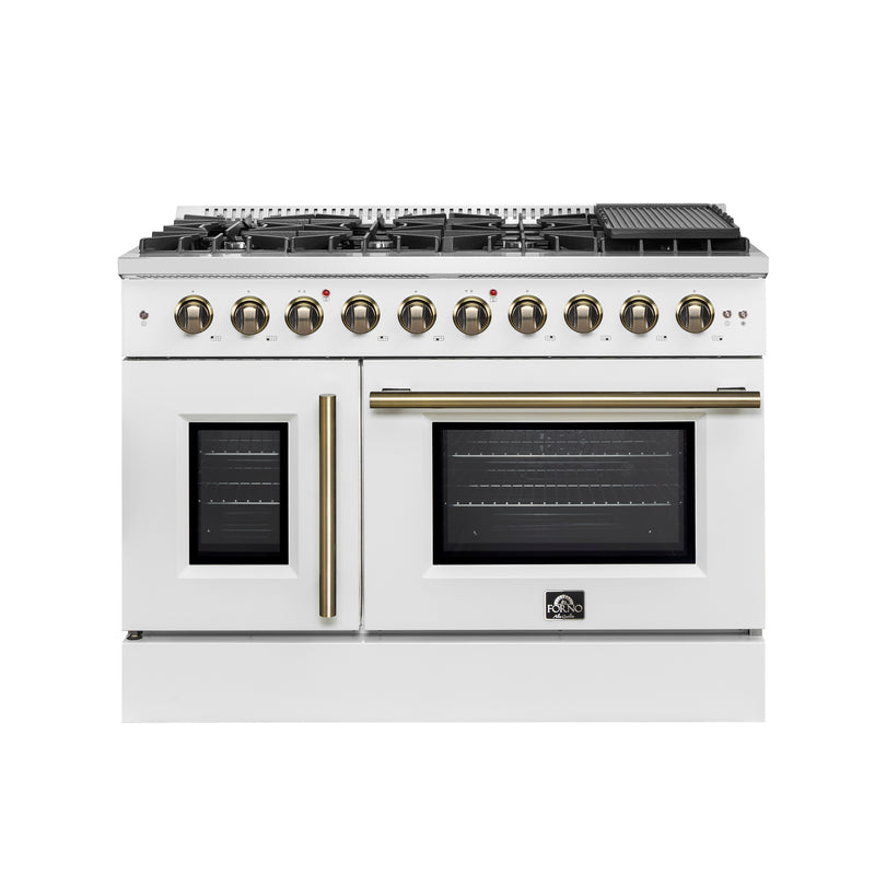 Forno Galiano 48" Freestanding French Door Gas Range in White, 8 Burners, Double Oven, with Antique Brass Handles, FFSGS6444-48WHT