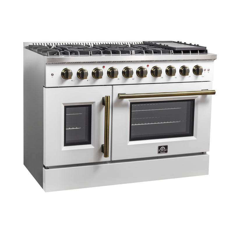 Forno Galiano 48" Freestanding French Door Gas Range in White, 8 Burners, Double Oven, with Antique Brass Handles, FFSGS6444-48WHT