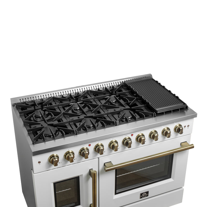 Forno Galiano 48" Freestanding French Door Gas Range in White, 8 Burners, Double Oven, with Antique Brass Handles, FFSGS6444-48WHT
