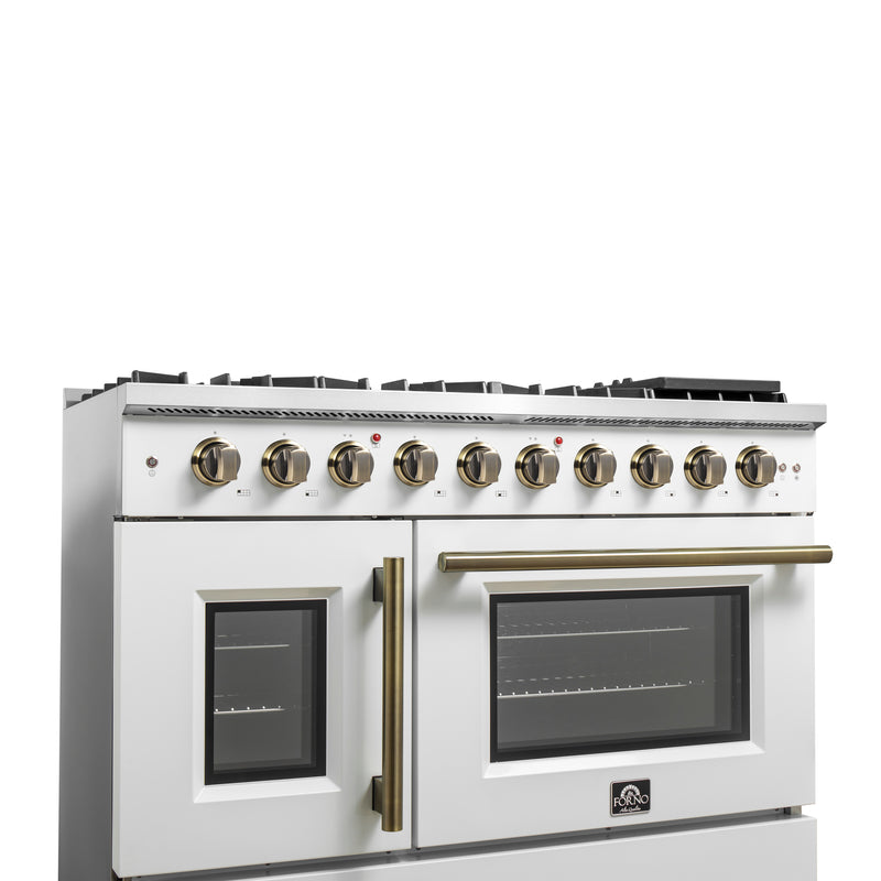 Forno Galiano 48" Freestanding French Door Gas Range in White, 8 Burners, Double Oven, with Antique Brass Handles, FFSGS6444-48WHT