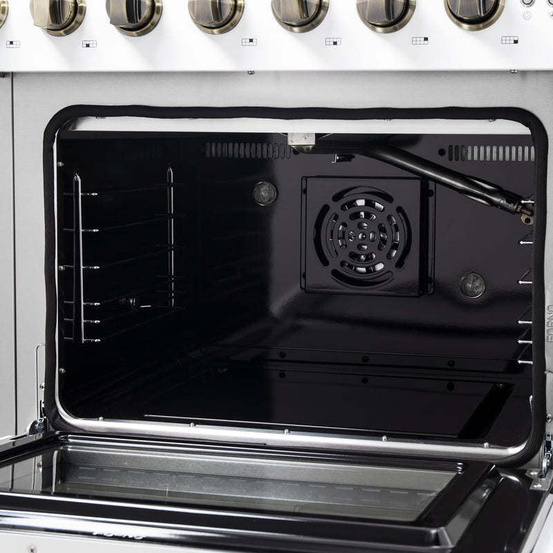 Forno Galiano 48" Freestanding French Door Gas Range in White, 8 Burners, Double Oven, with Antique Brass Handles, FFSGS6444-48WHT