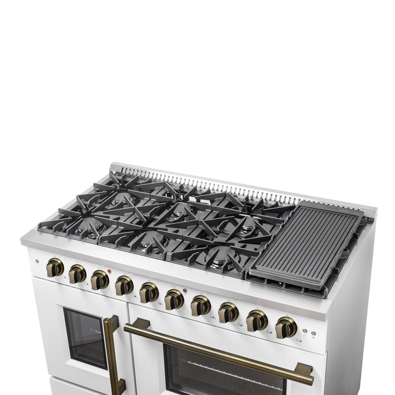 Forno Galiano 48" Freestanding French Door Gas Range in White, 8 Burners, Double Oven, with Antique Brass Handles, FFSGS6444-48WHT