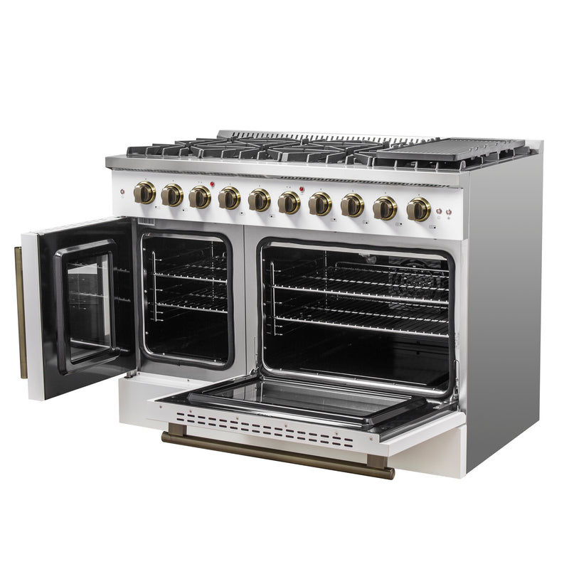 Forno Galiano 48" Freestanding French Door Gas Range in White, 8 Burners, Double Oven, with Antique Brass Handles, FFSGS6444-48WHT