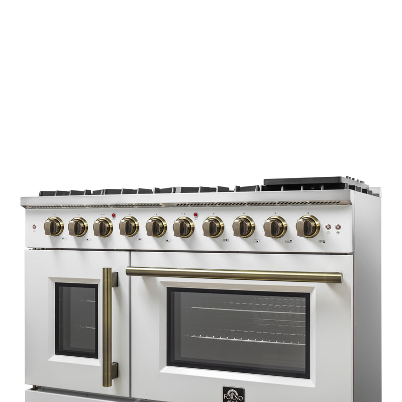 Forno Galiano 48" Freestanding French Door Gas Range in White, 8 Burners, Double Oven, with Antique Brass Handles, FFSGS6444-48WHT