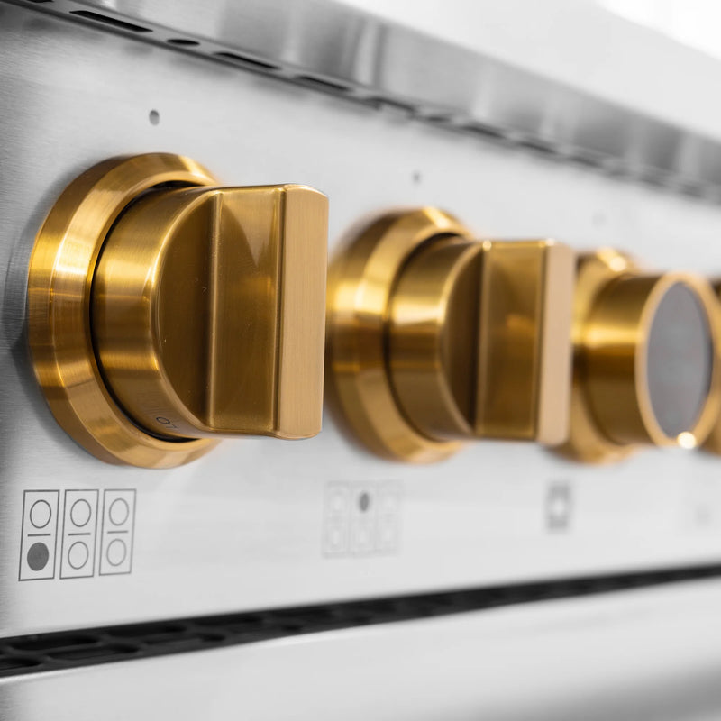 Kucht 36" 5.2 cu ft. Propane Gas Dual Fuel Range in Stainless Steel with Gold Knobs, KXP36-GL/LP