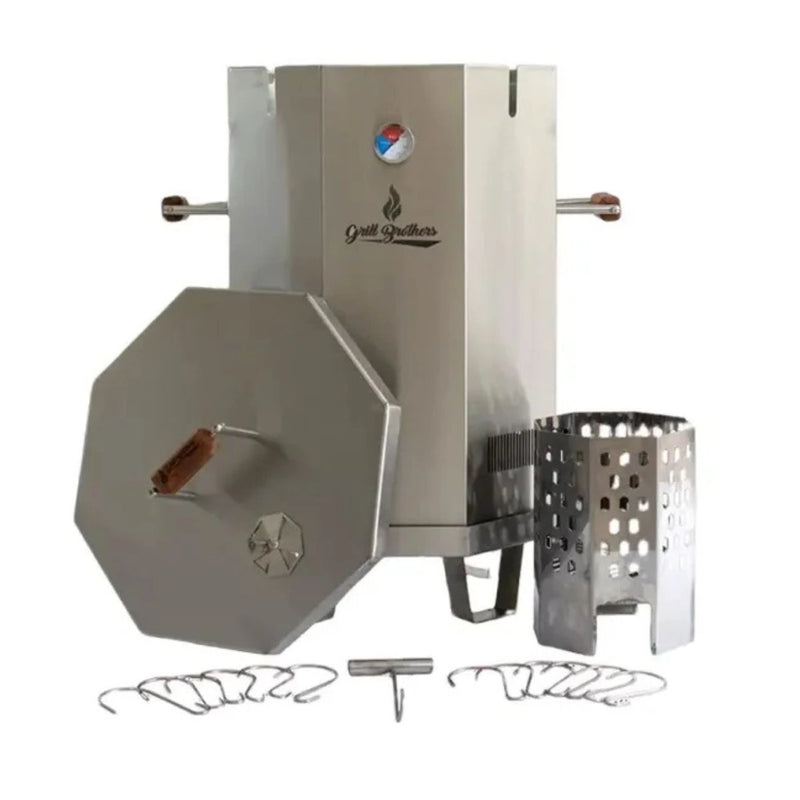 Grill Brothers Barrel Large stainless steel BBQ barrel grill with built-in thermometer, 12-hook system, and burner container.