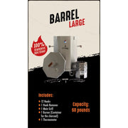 Grill Brothers Barrel Large stainless steel BBQ barrel with 12 hooks, thermometer, burner container, and 60-pound capacity.