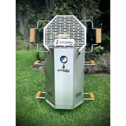 Grill Brothers Barrel Medium stainless steel grill with built-in thermometer, wooden handles, and hexagonal cooking surface for outdoor BBQ.
