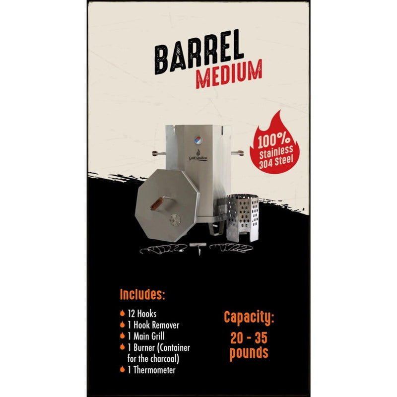 Grill Brothers Barrel Medium stainless steel grill with 12 hooks, thermometer, charcoal container, and hook remover tool.