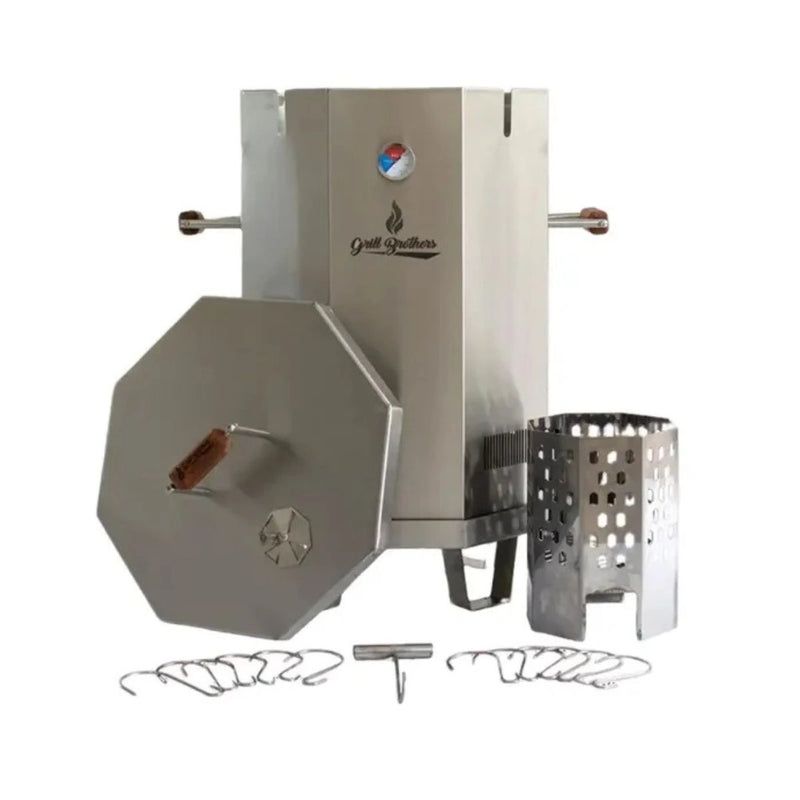 Grill Brothers Barrel Mini stainless steel charcoal grill with built-in thermometer, 12 hooks, and compact portable design.