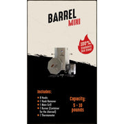 Grill Brothers Barrel Mini stainless steel charcoal grill with 8 hooks, hook remover, burner, thermometer, and 5-10 lb capacity.