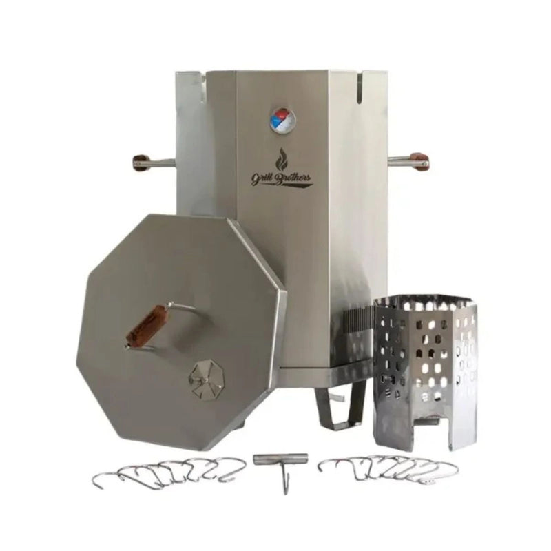 Grill Brothers Barrel Small stainless steel smoker grill with built-in thermometer, 12 hooks, charcoal container, and hook remover.