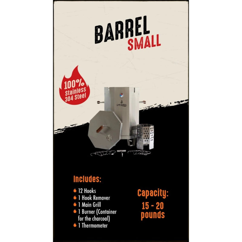 Grill Brothers Barrel Small stainless steel smoker grill with 12 hooks, hook remover, charcoal burner, and built-in thermometer.