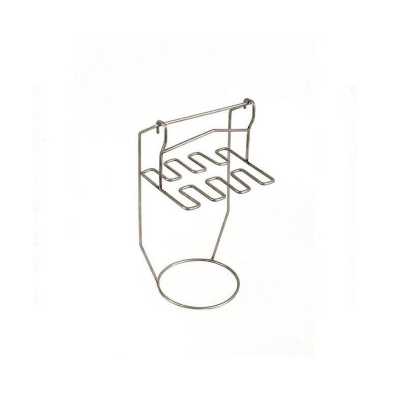 Grill Brothers Chicken Thigh Holder in polished stainless steel with vertical design for 8 thighs, ideal for barrel grills.