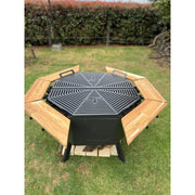 Grill Brothers Grill Stoker outdoor iron grill with teak wood supports, dual folding grills, and cactus gray finish for versatile cooking.