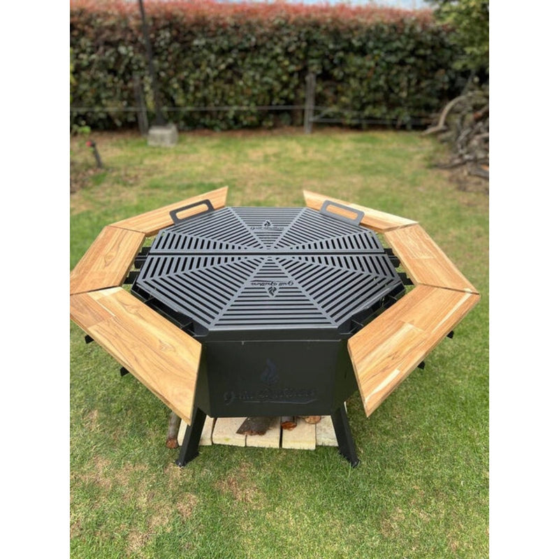 Grill Brothers Grill Stoker outdoor iron grill with teak wood supports, dual folding grills, and cactus gray finish for versatile cooking.