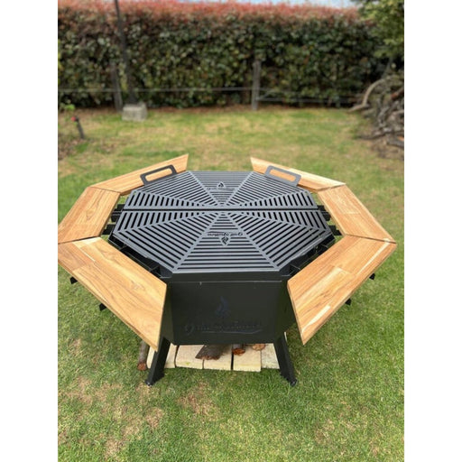 Grill Brothers Grill Stoker outdoor iron grill with teak wood supports, dual folding grills, and cactus gray finish for versatile cooking.