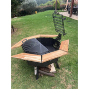 Grill Brothers Grill Stoker premium iron firewood grill with teak wood supports and dual folding grills in cactus gray finish.