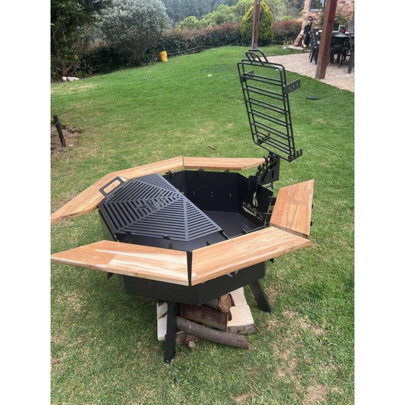 Grill Brothers Grill Stoker premium iron firewood grill with teak wood supports and dual folding grills in cactus gray finish.