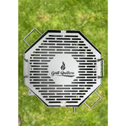 Grill Brothers Grill Travel portable stainless steel charcoal grill with folding grates and side handles on green grass background.