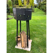 Grill Brothers Grill Travel portable charcoal grill with folding grates, detachable legs, and 40.55" height in black steel.