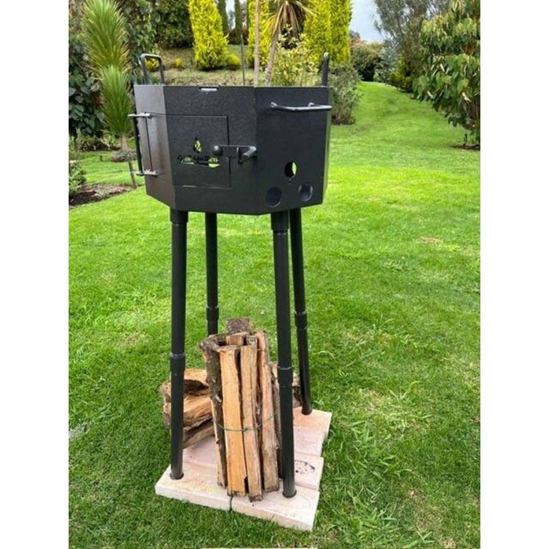 Grill Brothers Grill Travel portable charcoal grill with folding grates, detachable legs, and 40.55" height in black steel.