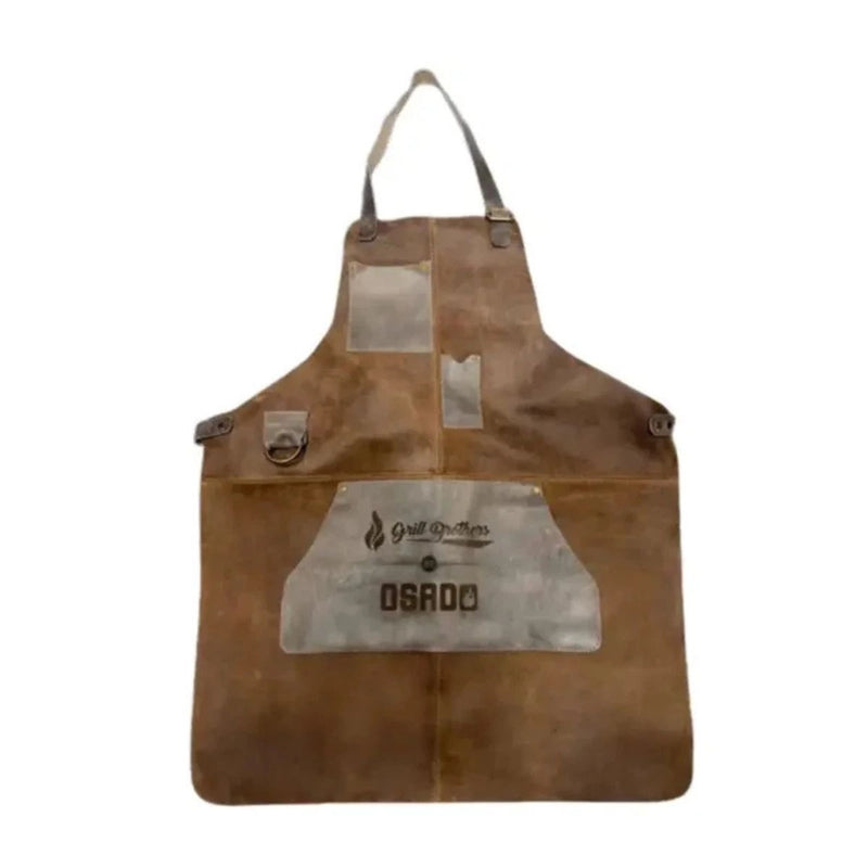 Grill Brothers Leather Apron in brown premium leather with adjustable straps, utility pockets, and heat-resistant design handcrafted in Colombia.