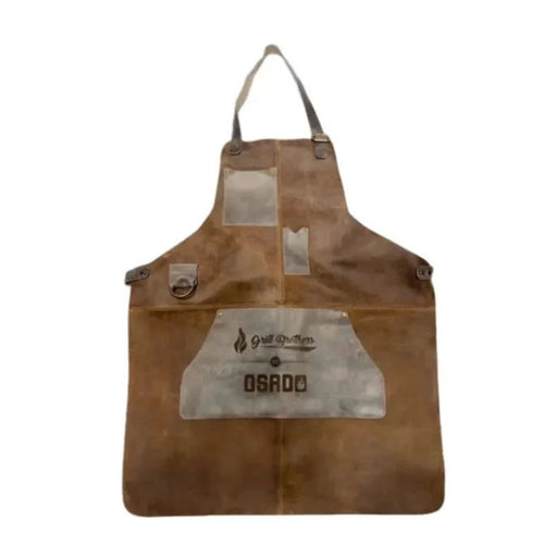 Grill Brothers Leather Apron in brown premium leather with adjustable straps, utility pockets, and heat-resistant design handcrafted in Colombia.