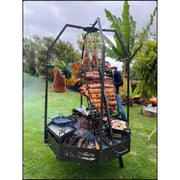 Grill Brothers Moster Doumo octagonal Argentine grill with 3mm iron, stainless steel, adjustable stoker, and hanging hooks for versatile cooking.