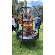 Grill Brothers Moster Doumo octagonal Argentine grill with 3mm HR iron, adjustable cooking heights, and premium open-flame design.