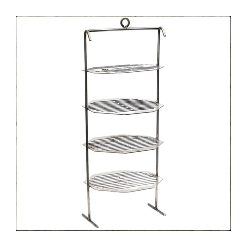 Grill Brothers Multipurpose Tower with four-tier stainless steel shelves and a hanging hook for versatile outdoor grilling use.