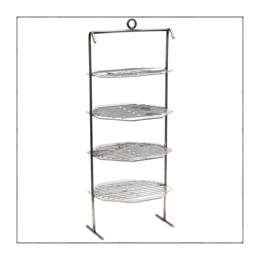Grill Brothers Multipurpose Tower with four-tier stainless steel shelves and a hanging hook for versatile outdoor grilling use.